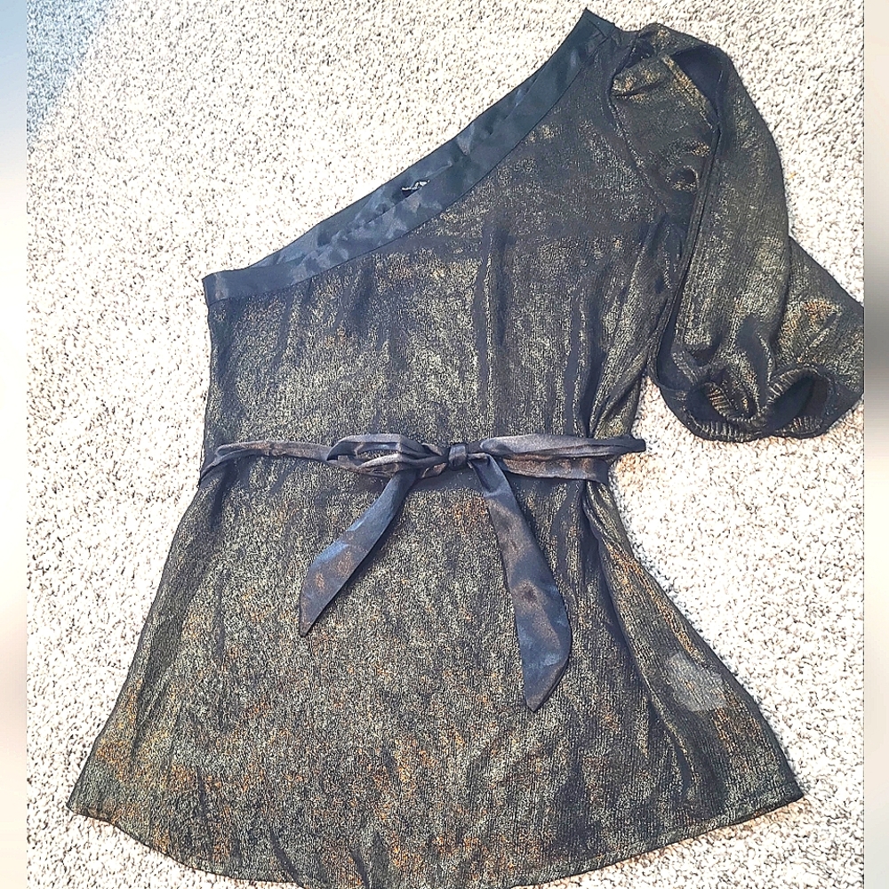 Stunning BEBE Sheer One-Shoulder Top with silk tie around the middle.